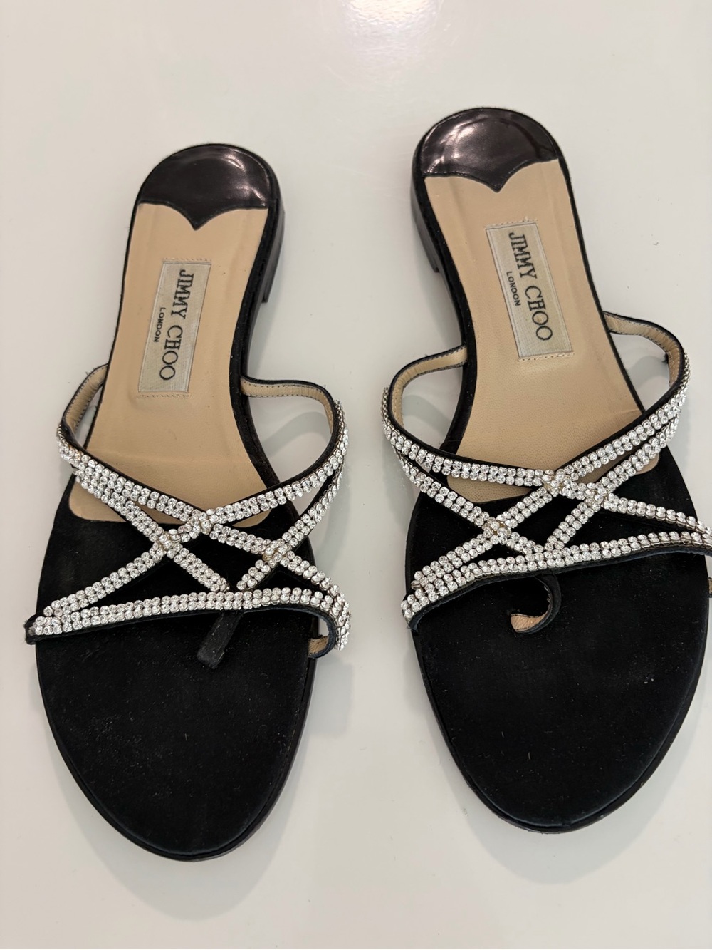 Jimmy Choo Black Crystal-Strap Slide Sandals